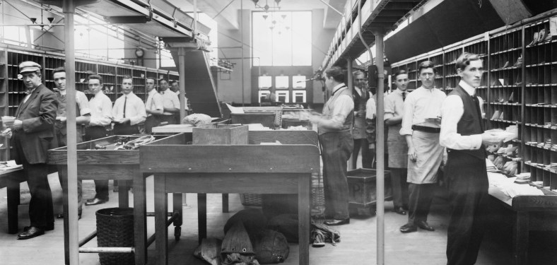 Men Boxing Mail at General Post Office, New York City, New York, USA, Bain News Service, 1914. (Photo by: Universal History Archive/Universal Images Group via Getty Images)